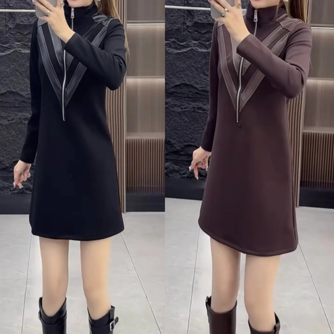 2025秋冬新款立领长袖连衣裙女时尚休闲半拉链拼皮减龄洋气裙715