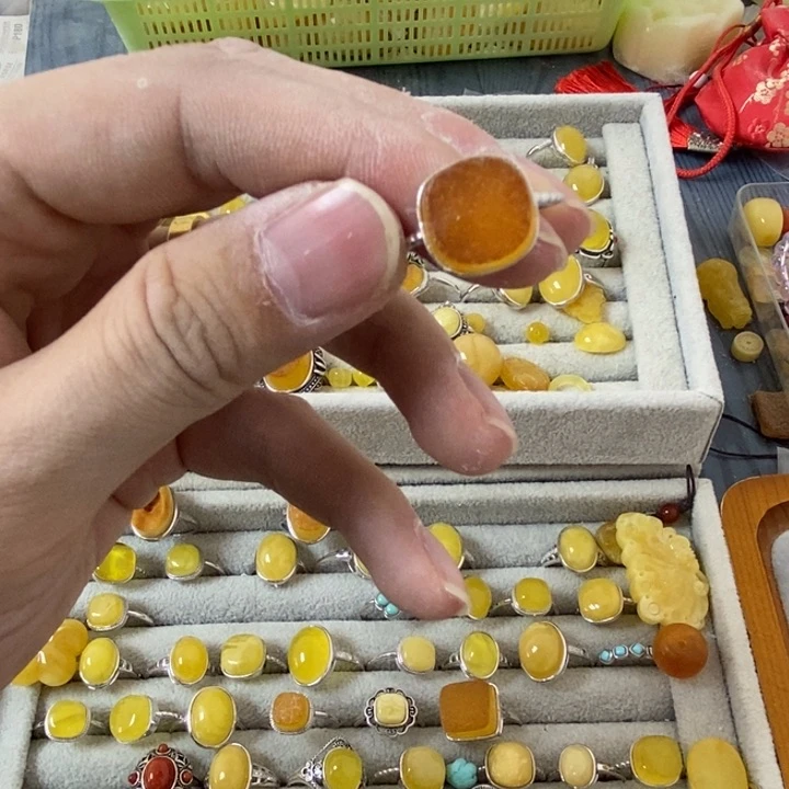 蜜蜡裸石银S925镶嵌戒指
