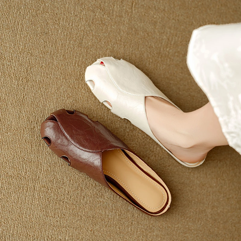 牛皮断码清仓真皮镂空拖鞋女夏外穿软底法式平底包头半拖鞋穆勒鞋