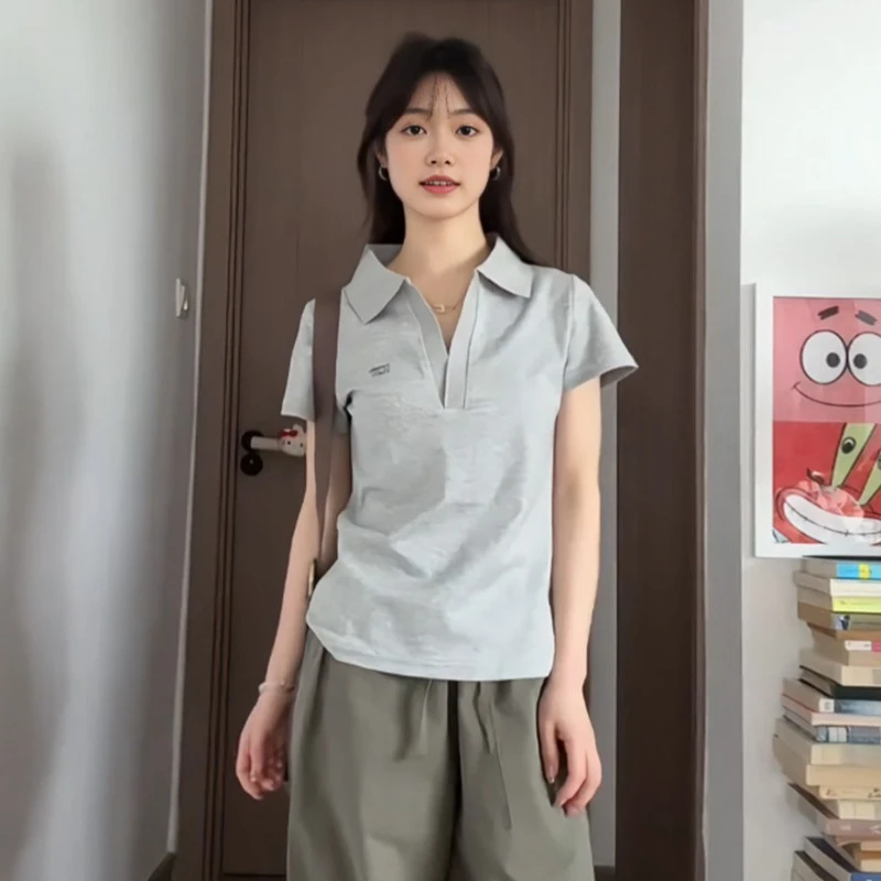 【8688】大码女装胖mm韩系灰色Polo领短袖t恤夏季设计小众百搭上衣