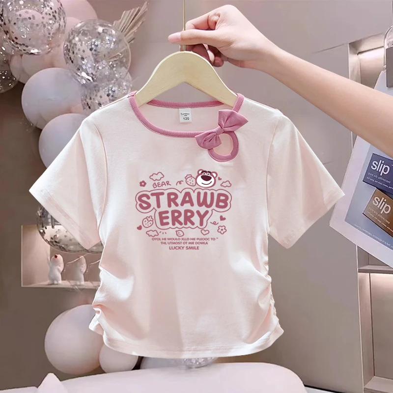 夏季女童新款T恤儿童卡通蝴蝶结时尚褶皱百搭印花休闲外穿上衣ins