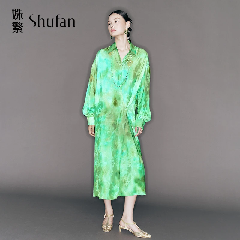 姝繁 绿色晕染印花新中式衬衫连衣裙女气质国风收腰显瘦SDWFRL617