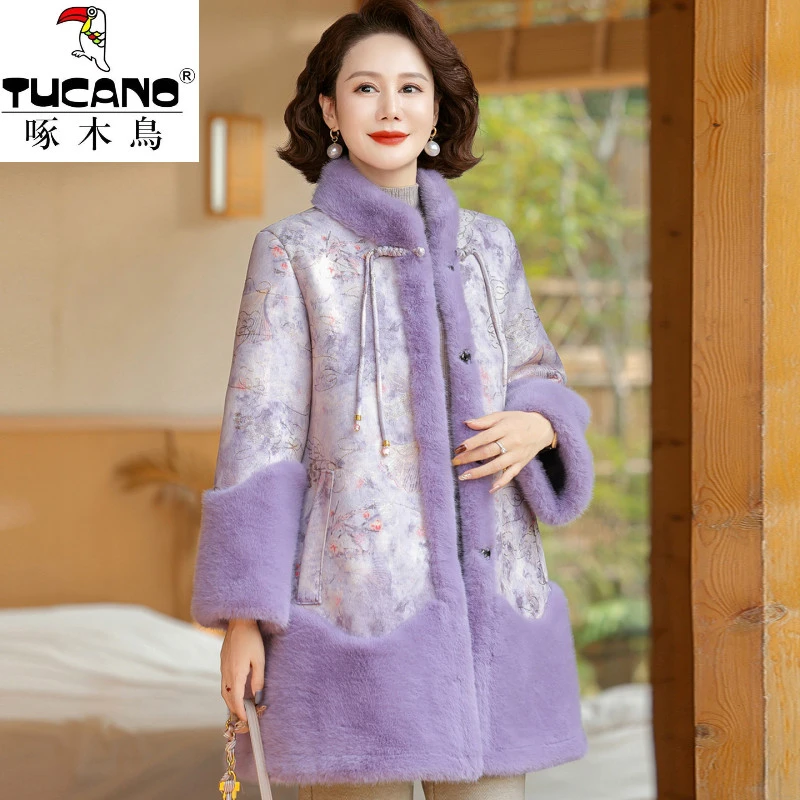 啄木鸟新中式妈妈秋冬中长款貂绒大衣女2025中老年时尚加厚皮草国