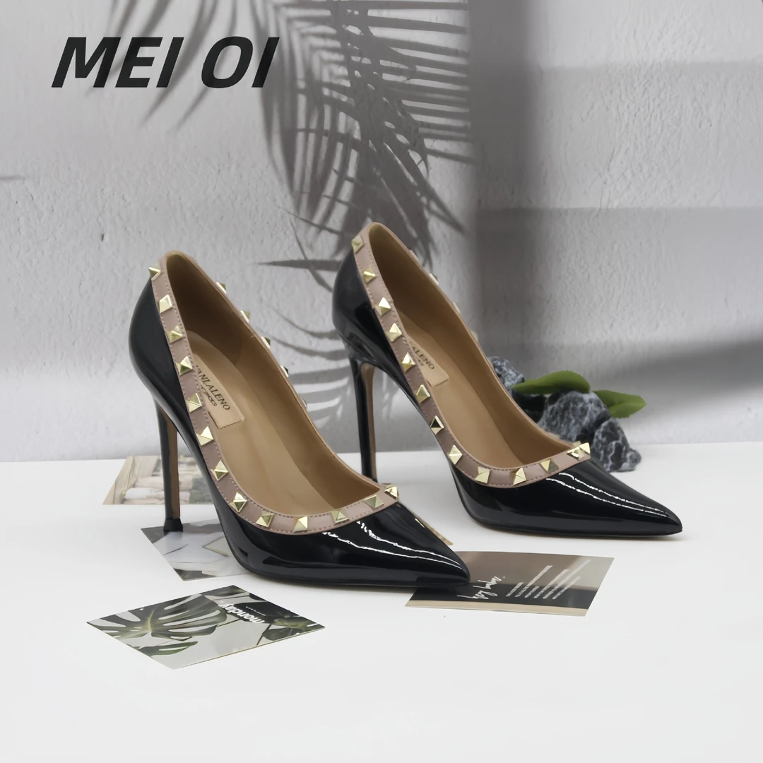 【羊皮】铆钉高跟鞋新款性感气质百搭软皮漆皮尖头浅口黑色高跟鞋