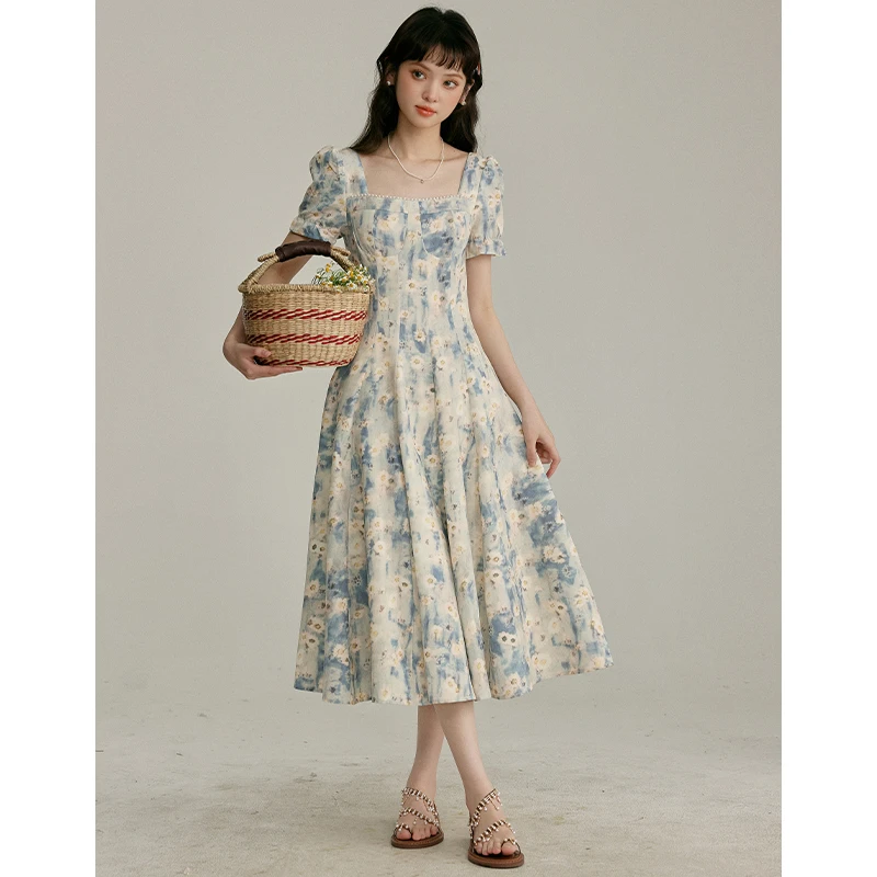 【三寸藕】夏季新款法式方领碎花小众连衣裙收腰复古气质短袖410