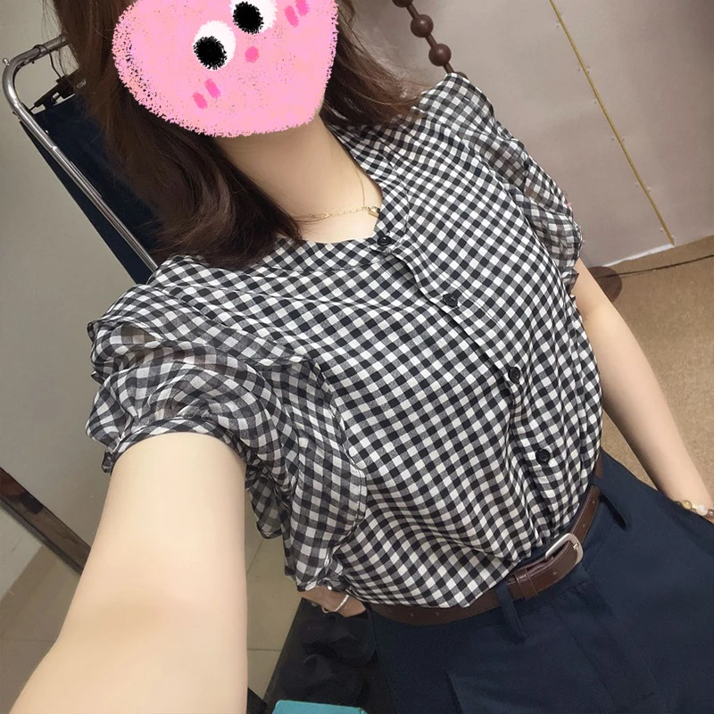 2025夏季新款法式荷叶边短袖格纹衬衫女设计感宽松洋气减龄上衣潮