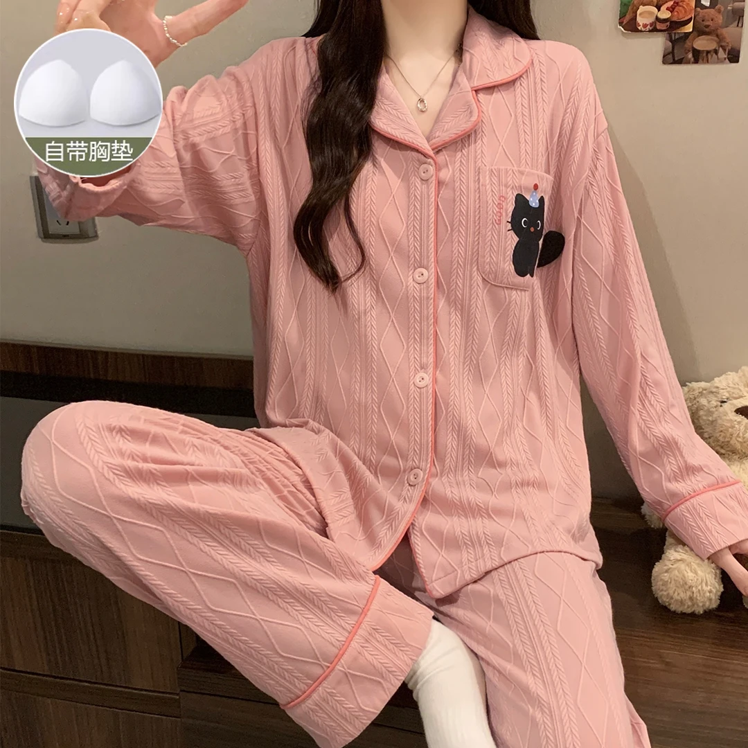 长袖带胸垫睡衣女春秋冬季甜美可爱韩版宽松女士睡衣家居服套装
