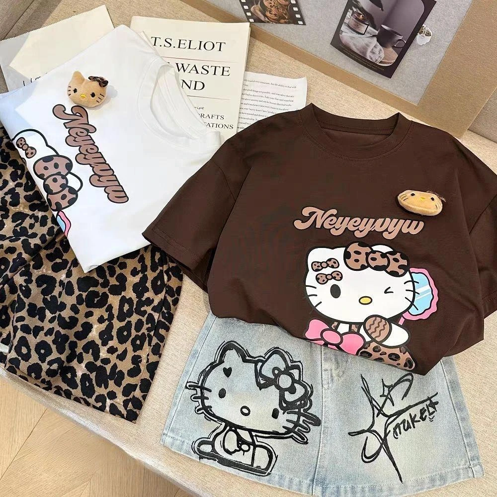 女童夏季套装2025新款女宝宝卡通印花T恤可爱印花牛仔短裙两件套