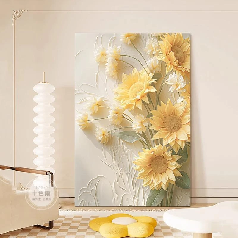 奶油风客厅装饰画向日葵肌理沙发背景墙挂画立体高级玄关落地壁画