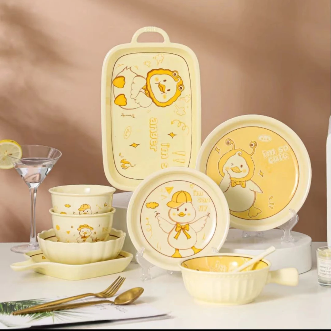 可爱鸭卡通陶瓷碗盘餐具ins高颜值奶油风双耳汤碗面碗菜盘子餐具