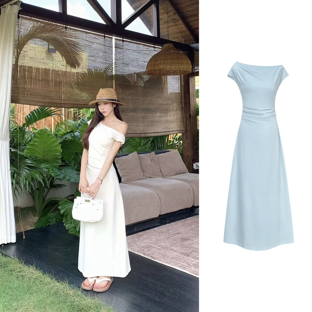【清雅艺术生】气质知性简约斜肩连衣裙女夏季长短款裙子 8836#