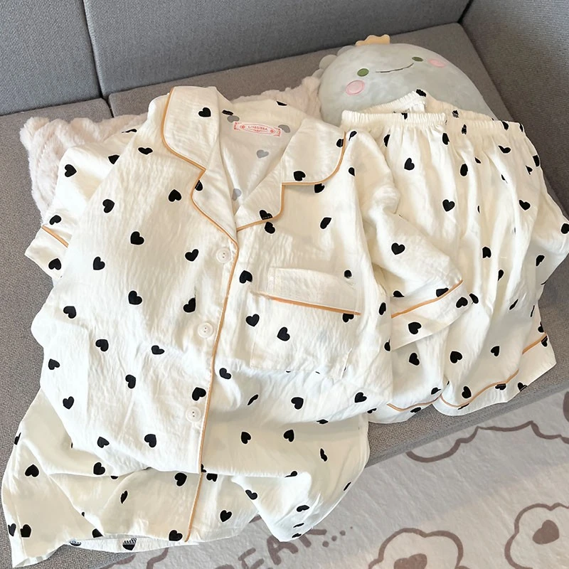 睡衣女云朵棉夏季短袖短裤宽松甜美爱心家居服两件套装可外穿夏天