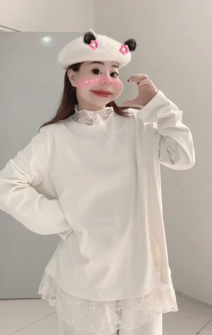 【蕾丝拼接打底】丽丽推荐 假两件设计拼接蕾丝边加厚绒面T恤