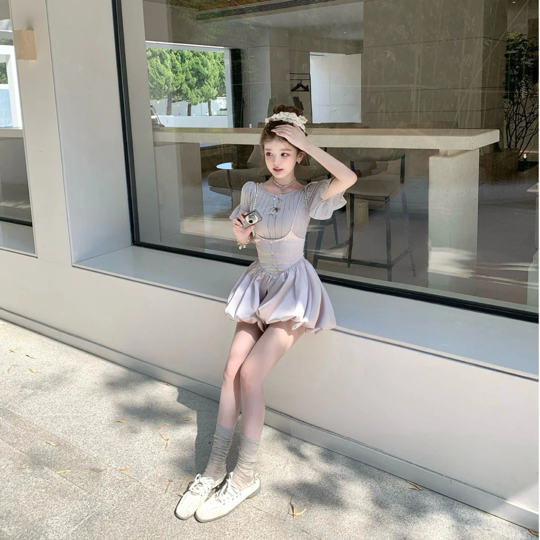 【二十四载梦】韩系时尚芋泥紫针织衫上衣配显瘦灯笼背带裤两件套