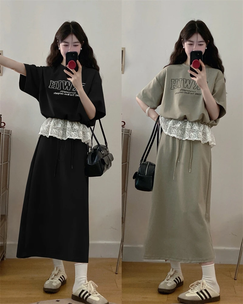 大码夏季新款胖MM时尚两件套拼接蕾丝字母短袖上衣半身裙洋气穿搭