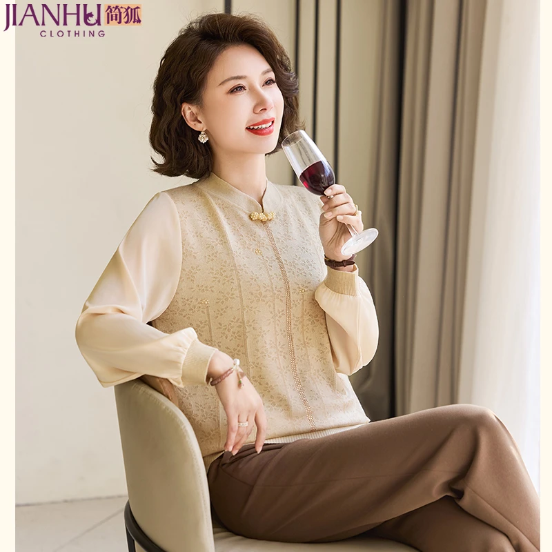 中年妈妈春装纱袖上衣薄款小衫2025新款中老年女装春秋洋气打底衫