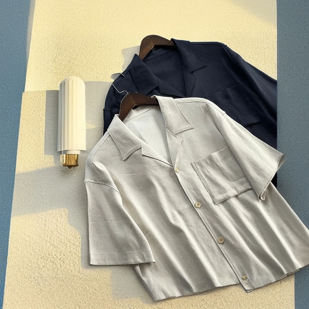 亚麻款夏季男士欧麻简约大气薄款古巴领衬衫短袖上衣25116