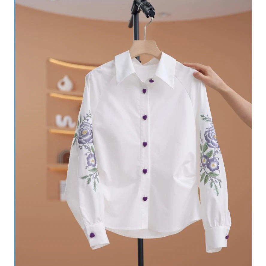 荣荣重工刺绣衬衫女2025新款上衣打底衫白色衬衣国风气质时尚