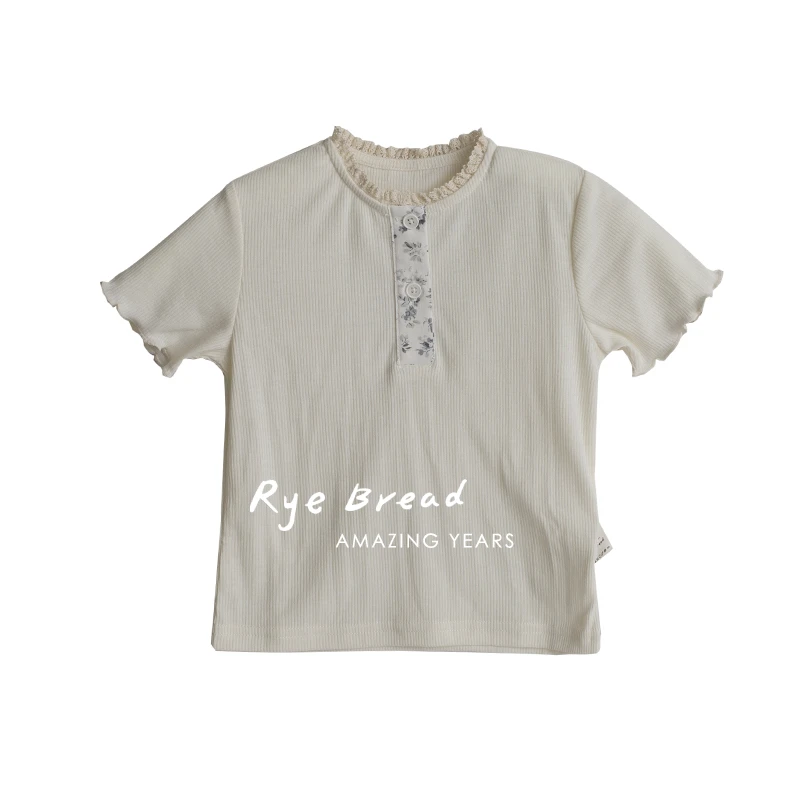 ryebread/黑面包童装 韩系蕾丝花边领女小童针织短袖T恤4夏