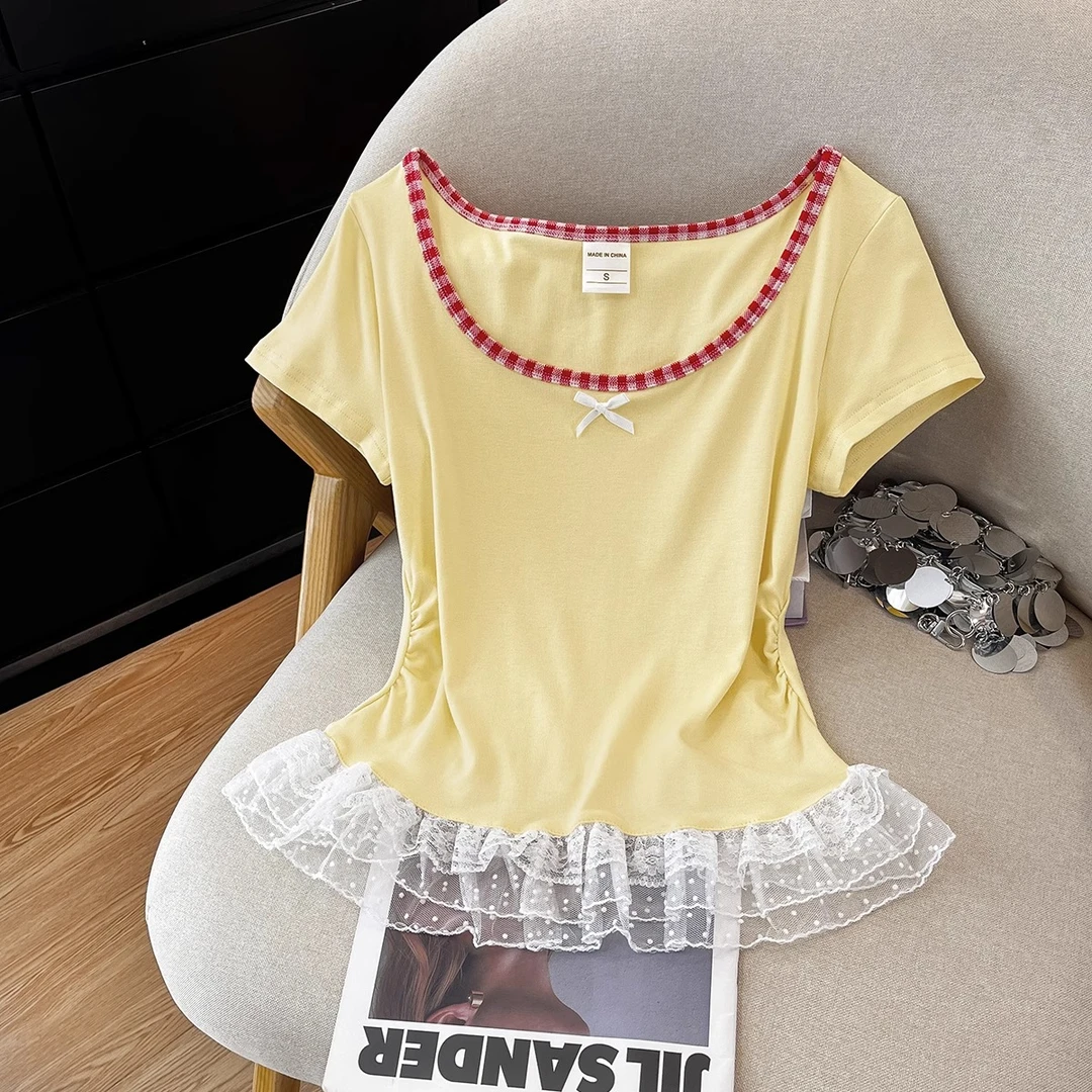 韩系纯欲2025夏季新款拼接蕾丝花边圆领正肩短袖t恤女修身上衣