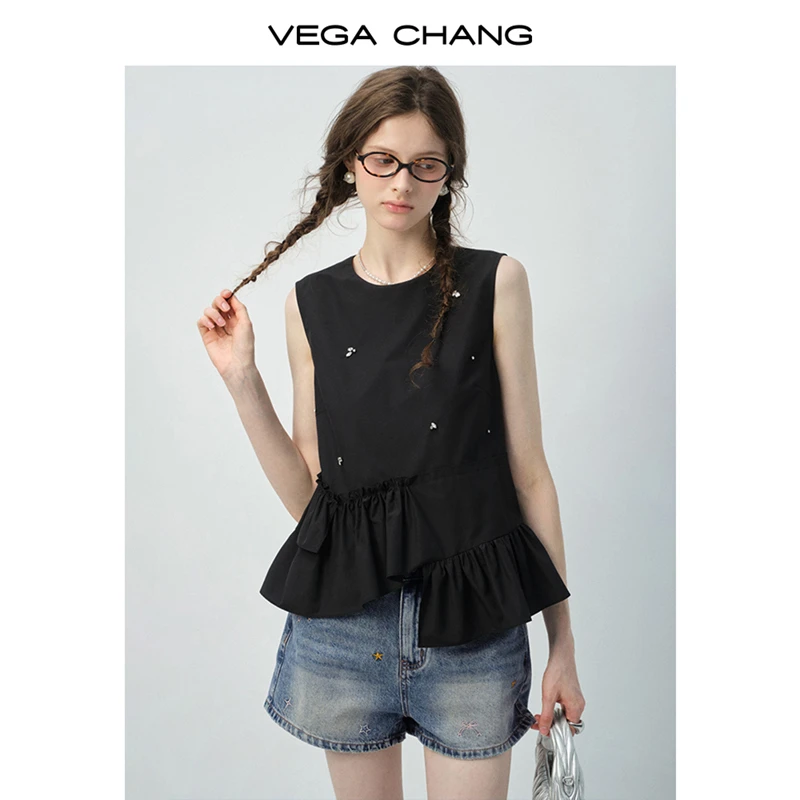 VEGA CHANG衬衫上衣女2025新款夏季无袖设计荷叶边仿钻小衫0718LW