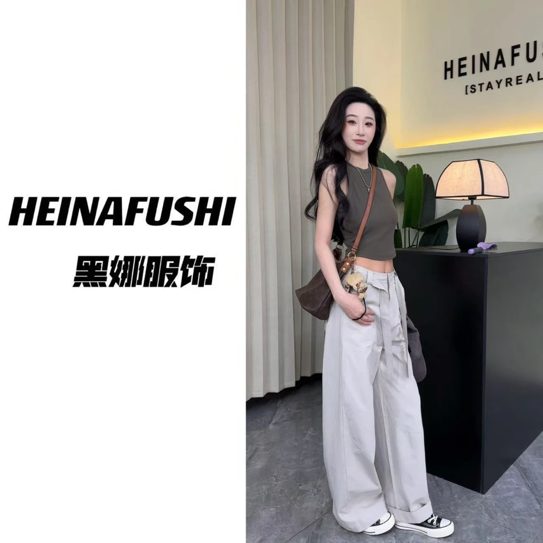 【清仓】 灰色高腰系带工装裤1658