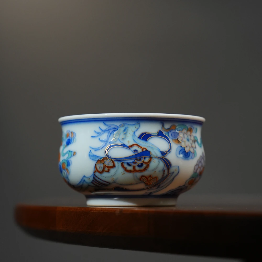 玗琪轩柴窑斗彩九色鹿炉式杯  景德镇手工手绘中式陶瓷茶杯主人杯