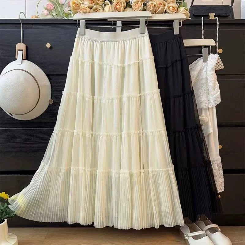 温柔风木耳边网纱拼接蛋糕半身裙女2025春季高腰垂感中长裙7015#