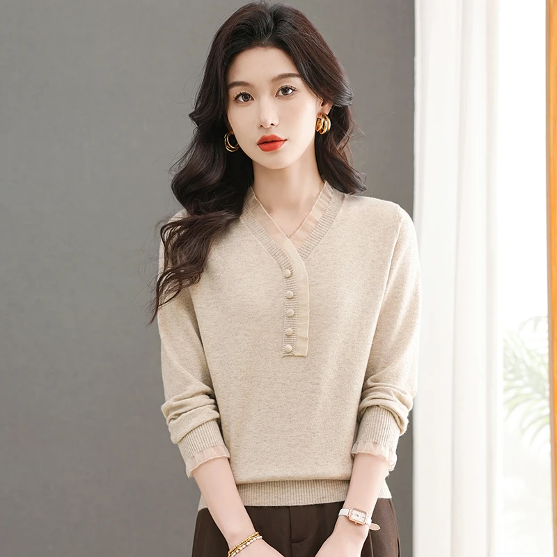 时尚洋气春秋新款宽松百搭v领显瘦高档简约女气质年龄套头毛衣