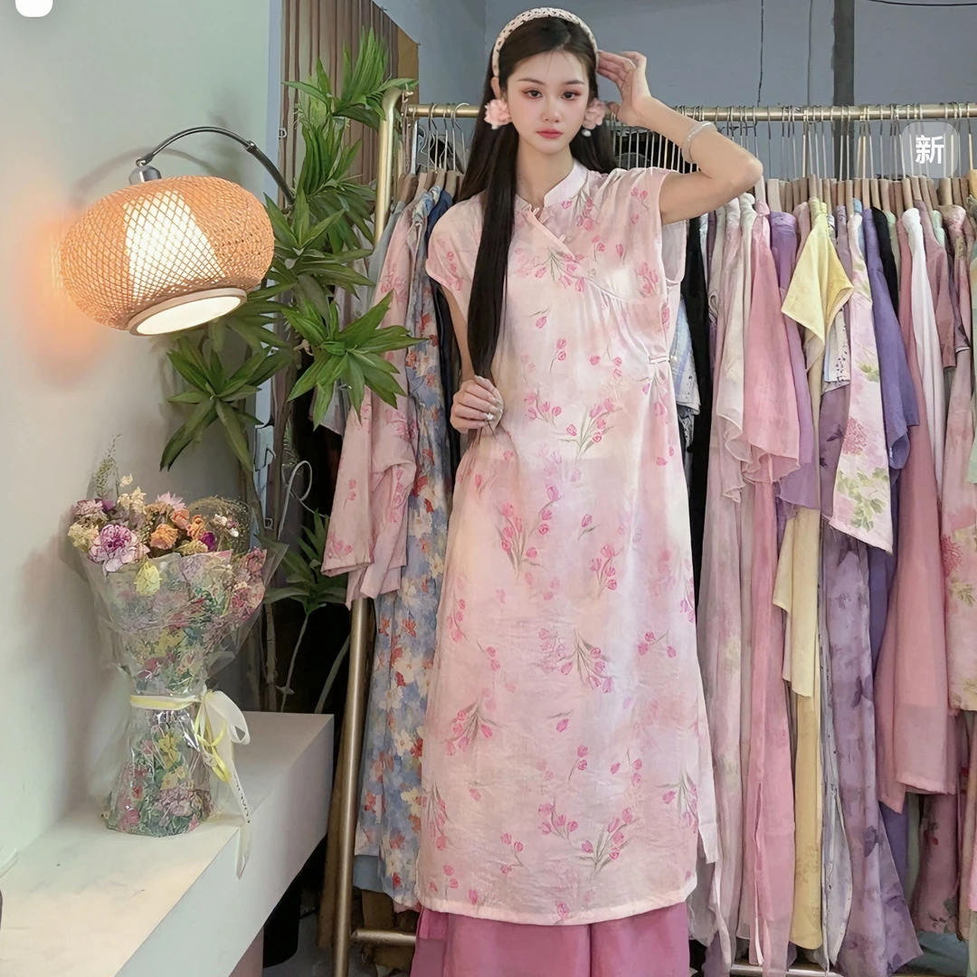 【月亮袖郁金香】新中式旗袍连衣裙印花舒适女装宽松透气腰间盘扣