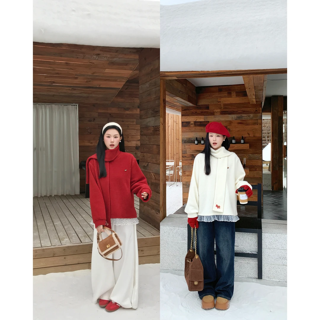 月半鱼【柿柿如意】套头刺绣围巾卫衣女冬高级感新年红色韩系外套