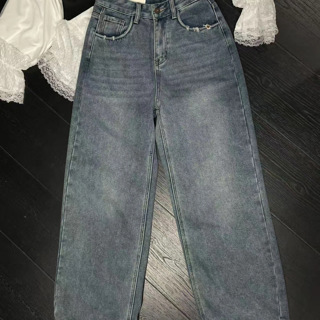 【 雨•美 推荐 】7567蓝色做旧百搭直筒裤
