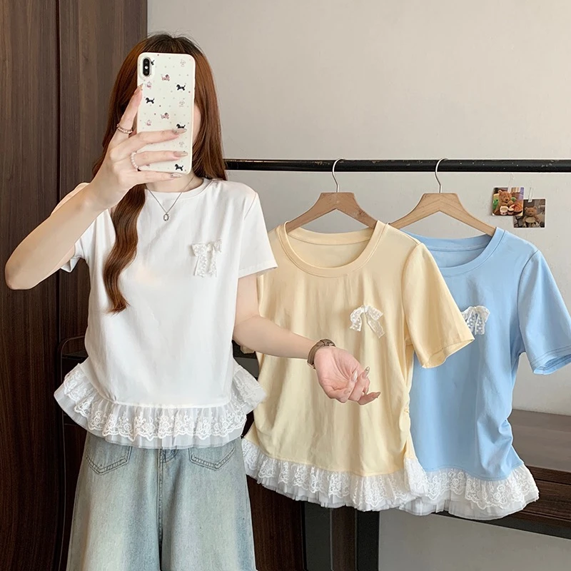 2025夏装新款胖mm大码女甜美蕾丝花边立体蝴蝶结短袖T恤