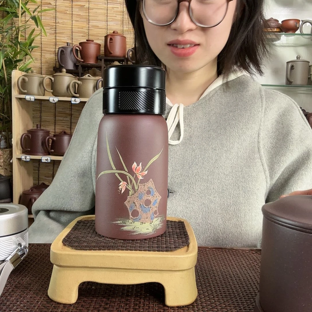 紫砂茶杯兰花便携式杯子350CC左右