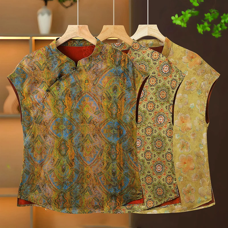 夏季复古上衣短袖中式国风珠扣斜襟小衫高级感T恤衫