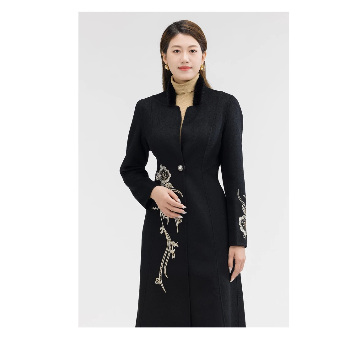 SUSSI/古色日常百搭高级感专柜秋款黑色刺绣长款外套