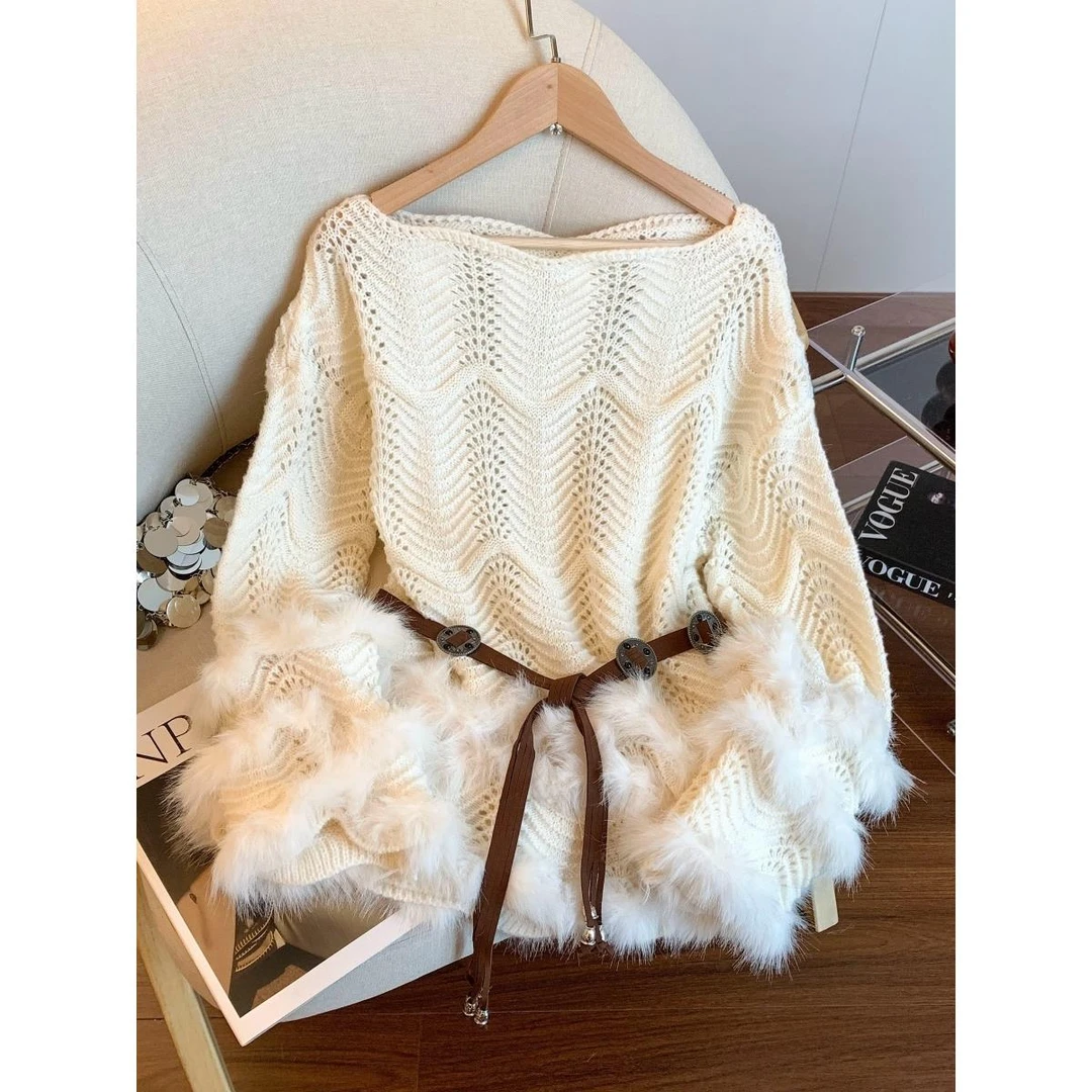 全棉时代【奥莱撤柜】自留款~一字肩毛茸拼接镂空针织衫女秋冬款洋