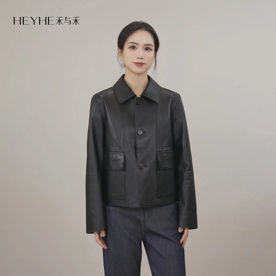 小禾【掌中宝】进口绵羊全植鞣皮复古翻领排扣短款修身夹克皮衣外套