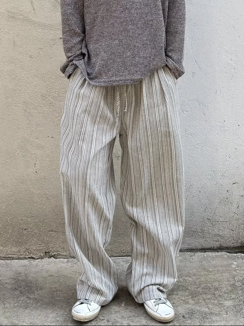 Ninjazz 日系夏季慵懒肌理感复古宽松松紧抽绳竖条纹休闲裤
