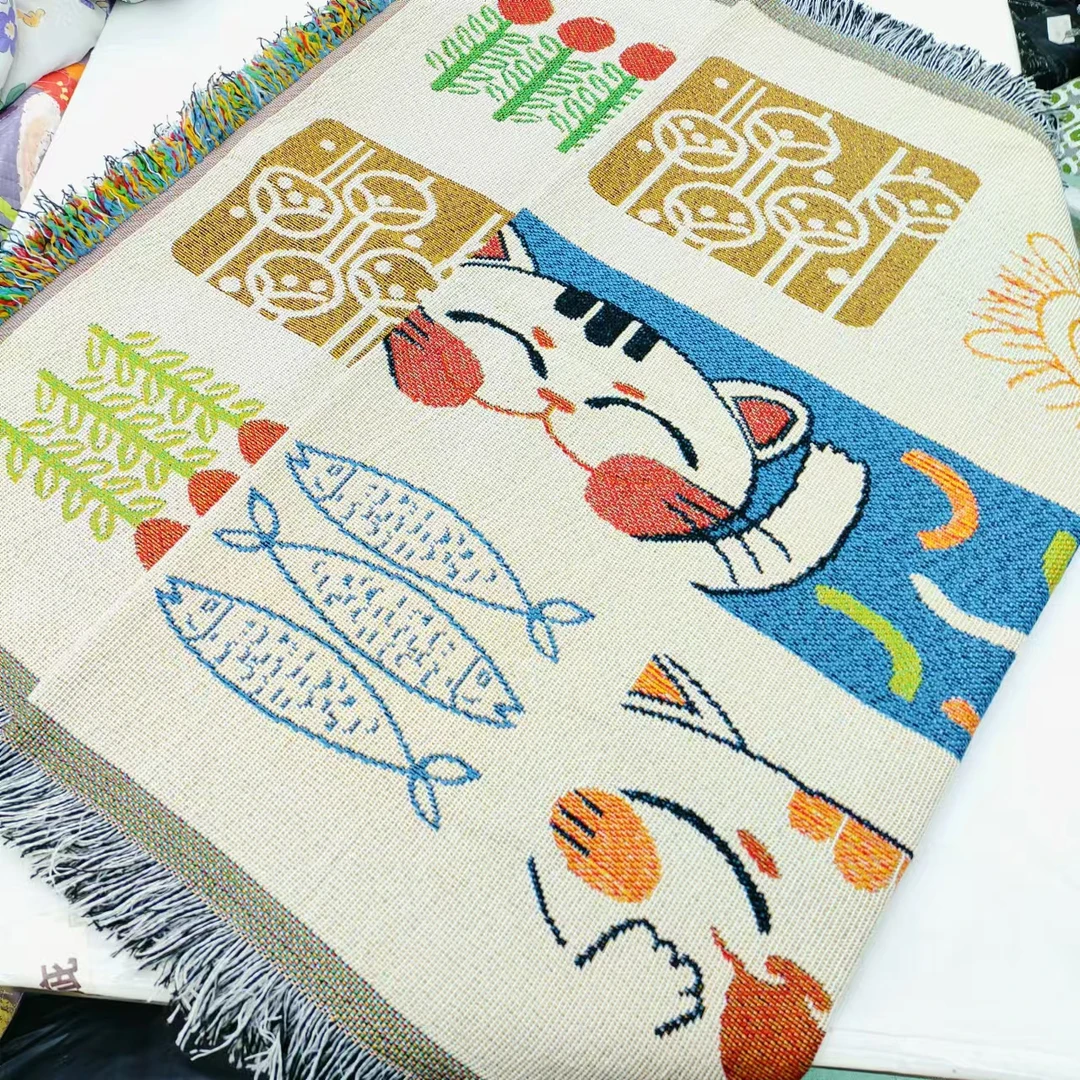 【沙发盖巾】<小猫钓鱼>90X180cm<±5cm 含流苏边尺寸>简约沙发垫