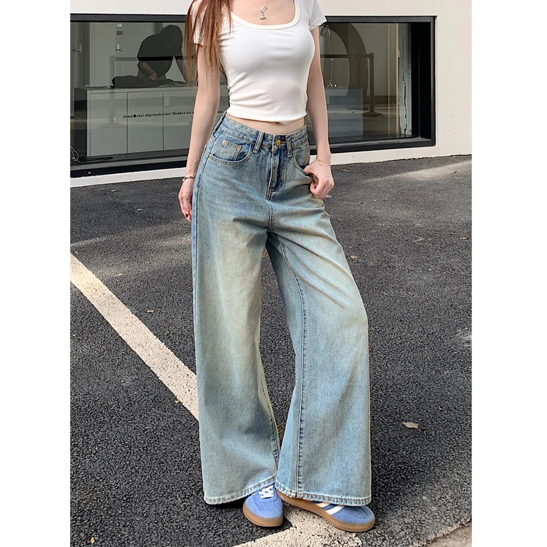美式ins风复古怀旧色阔腿牛仔高腰气质老钱风松弛感加绒加厚女装