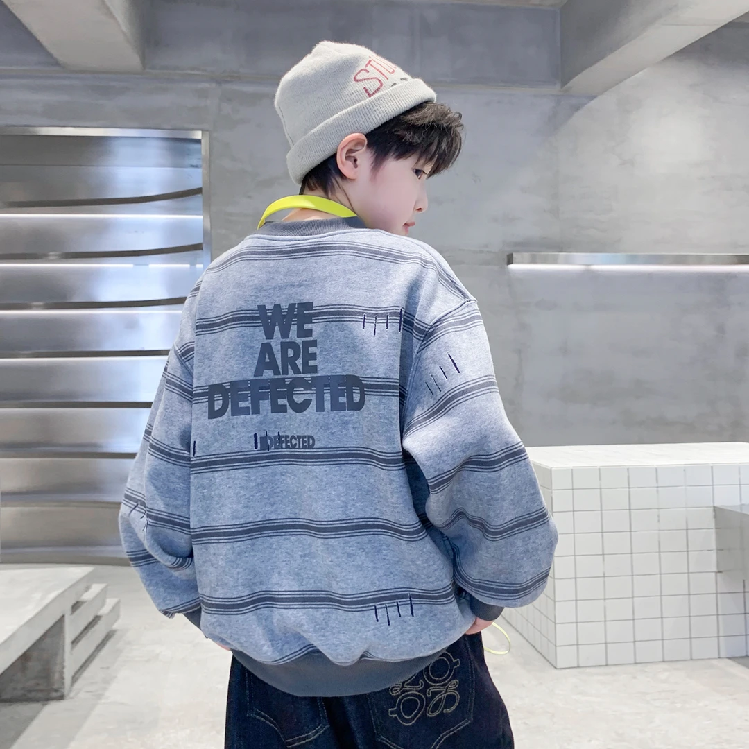 男童磨破条纹加绒一体绒卫衣冬季2025儿童休闲百搭保暖上衣中大童