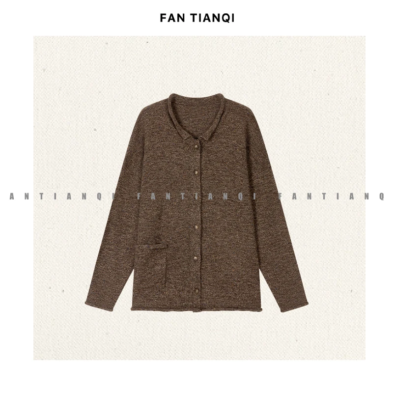 范天奇/FAN TIANQI【朱石栗】翻领卷边羊毛花纱开衫毛衣FZSWT58025