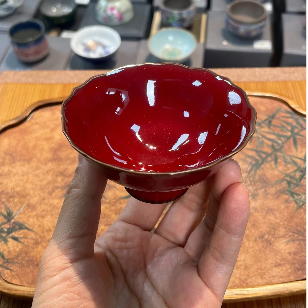 中式故宫红铁胎大花口高足杯不开片精美优雅主人杯 s894