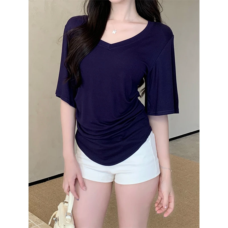 半袖V领掐腰短袖T恤女大码胖mm夏季巨遮肉显瘦韩版百搭纯色上衣潮