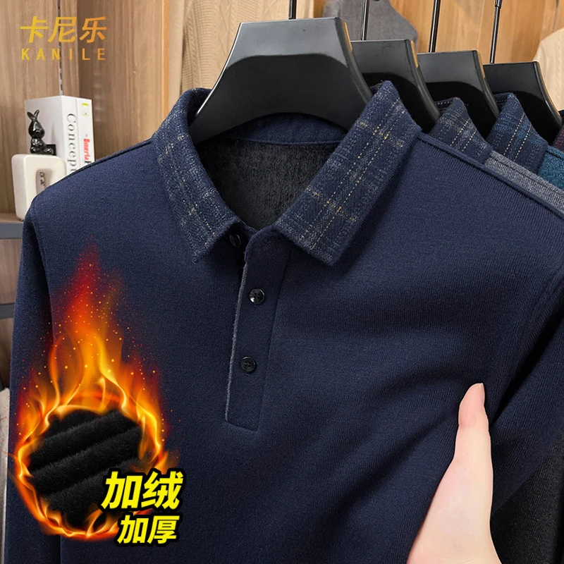 中年爸爸装男士冬装长袖加绒加厚翻领T恤一体绒商务保暖男款内搭