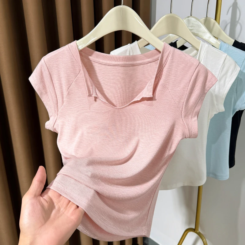 粉色纯欲短袖翻领设计感T恤2025夏季新款软糯V领韩版修身T恤短款