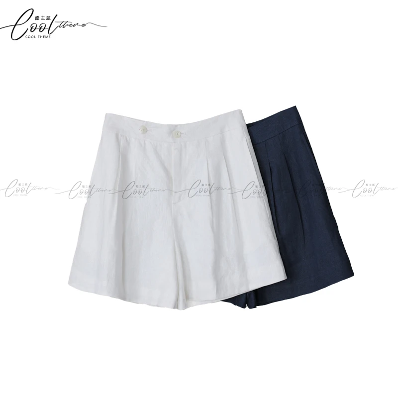 100麻双扣亚麻短裤白色时尚百搭