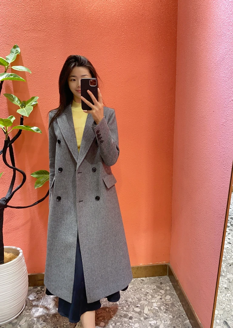 （默茗服装）灰色假口袋长款大衣
