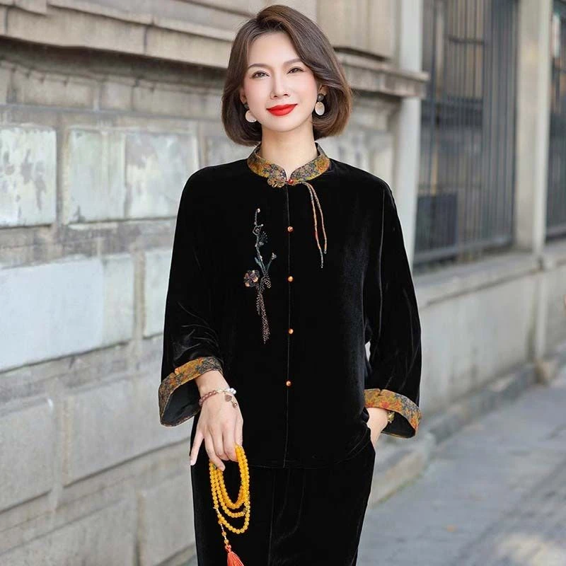 高端真丝丝绒桑蚕丝外套2025真丝新款丝绒上衣中式刺绣长袖